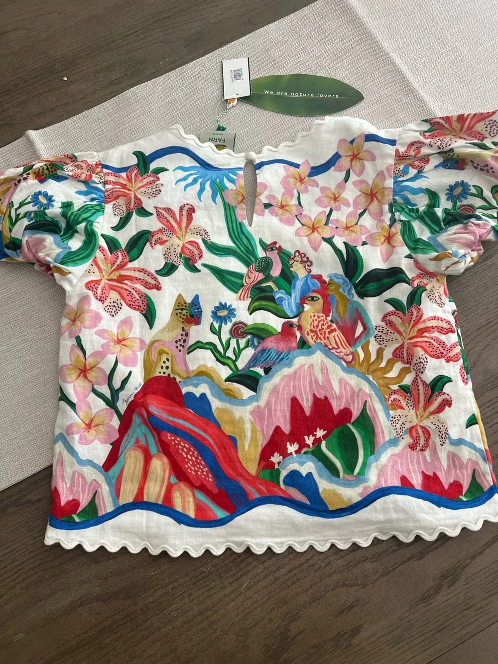 NWT Farm Rio Garden of Life Scalloped Linen Blend Blouse Size S